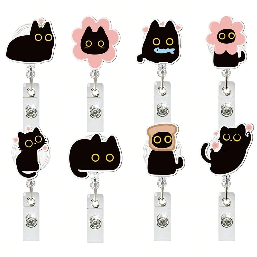 1pc Retractable Cat Badge Reel, Cute Black Cat Acrylic Expandable Badge Holder, Suitable For Nurses, Doctors, Volunteers, Teachers ID Badge, Valentine's Day, Back To School Gift - Multicolor - View 1