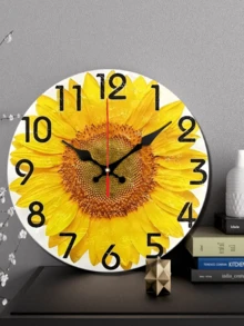 1 Pc 10 Inch/12 Inch Battery-Powered Round Wooden Sunflower Silent Wall Clock For Home Decor, AA Battery Not Included - 1PC - View 9