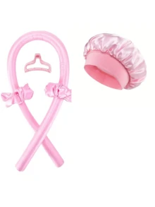 4件套真丝发帽套装，含免加热卷发器，女士长卷发可调节睡眠头带，配有发夹和发圈，防毛躁 - 彩色 - 查看 4