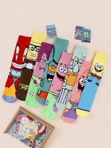 SpongeBob SquarePants 1/5/7/12双随机卡通情侣袜，可爱动漫图案（如眼睛、章鱼、海星等），纯色，舒适透气休闲家居袜 - 彩色 - 查看 7