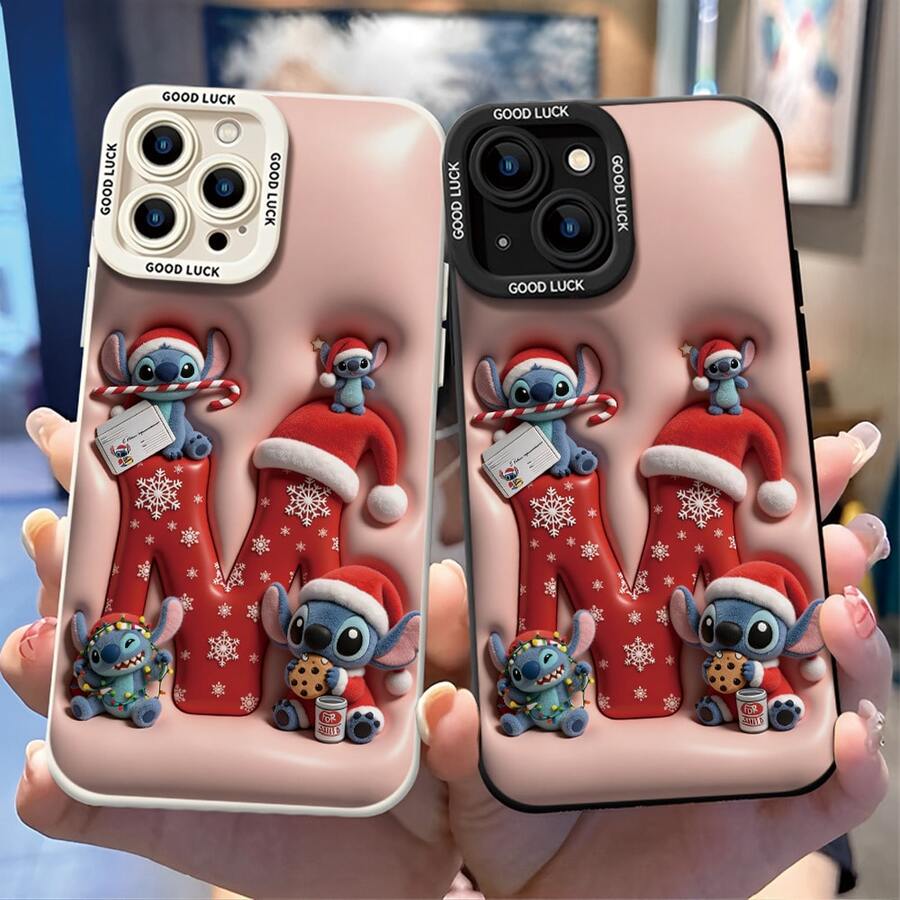 Disney Lilo & Stitch Christmas Phone Case, Kawaii 3D Inflatable Plush Effect Stitch Squad Print With Santa Hat, Snowflake Letter "M", Candy Cane & Milk Cookie, "GOOD LUCK" Camera Lens Border, Shockproof TPU Protective Back Cover For IPhone 17, 16, 15, 14, 13, 12, And 11 Pro ,Galaxy S22 ,S23,S24,S25 Models. A Fun Gift For Family, Friends, Birthdays, Holidays, And Special Occasions. - 黑色 - 查看 1