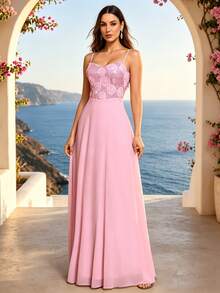 女士3D亮片花卉雪纺无袖长裙，优雅伴娘礼服，正式晚礼服，适合婚礼宾客、毕业典礼、盛大晚宴、生日派对等场合，春夏款 - 粉色 - 查看 10