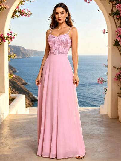 Women's 3D Sequin Floral Chiffon Sleeveless Long Dress, Elegant Bridesmaid Dress, Formal Evening Gown, Suitable For Wedding Guest, Graduation Ceremony, Gala Dinner, Birthday Party And Other Occasions, Spring/Summer