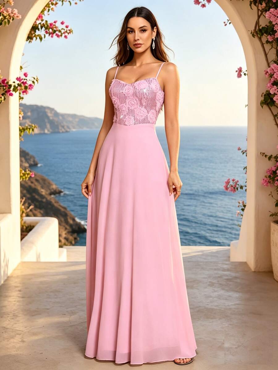 女士3D亮片花卉雪纺无袖长裙，优雅伴娘礼服，正式晚礼服，适合婚礼宾客、毕业典礼、盛大晚宴、生日派对等场合，春夏款 - 粉色 - 查看 1