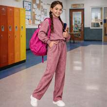 Girls' Casual High Neck Set – Comfortable Kids' Fashion, Long Sleeves + Pants - 深粉紅色 - 查看 4