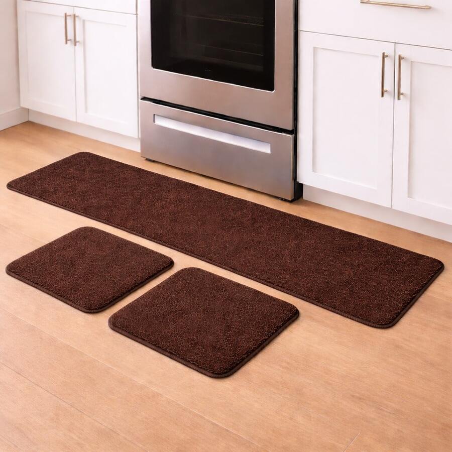 Set Of 3 Non-Slip Kitchen Mats, Low Pile, Washable - Brown - View 1