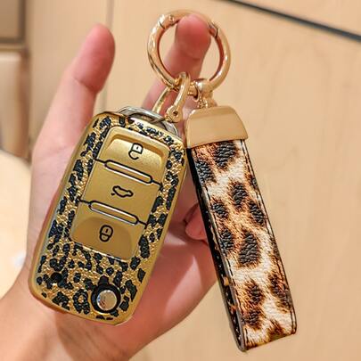 Leopard Print Key Cover With Rhinestones And Keychain For Car Keys, Cheetah Pendant, TPU Gradient Pink Key Shell, Suitable For TIGUAN, Sagitar, LAVIDA, BORA GOLF TAYRON, Women's Gift, Brown, Black, Suitable For A Folding 3-Button, Suitable For Lavida, Suitable For Touran, Suitable For Octavia/Superb/Kodiaq, Suitable For Škoda Kamiq/Rapid