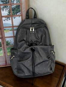 1pc Black Star Print Nylon Large Capacity Multi-Pocket Zipper Closure Casual Backpack, Suitable For Daily Commute - Multicolor - View 6