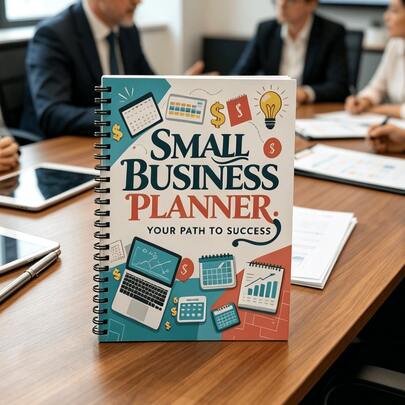 دفتر ملاحظات حلزوني لمخطط الأعمال الصغيرة. دفتر إدارة الأعمال مع منظم مالي وجدول زمني، طريقك إلى مخطط النجاح للرواد والشركات الناشئة. هدية مثالية لأصحاب الأعمال الصغيرة والمستقلين وأي شخص يبدأ عملاً تجارياً.