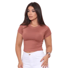 Kit 2 Cropped Basic Suplex Blouse Plain Short Sleeve Various Colors - 1 Brown 1 Red - View 3