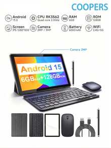 Coopers Tableta Android 15 YQ10S Max de 10 pulgadas, RK3562 de 4 núcleos a 2.0Ghz/6GB RAM 128GB ROM/2.4G+5G WiFi+WiFi 6/BT 5.0/Pantalla FHD IPS/Cámara dual 2MP+5MP/Tipo-C/6000mAh/Admite expansión SD de 1TB/Con teclado, ratón, lápiz óptico, funda protectora, película protectora (sin adaptador) - Negro - Ver 1