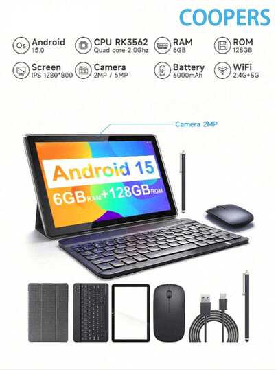 Coopers Tablette Android 15 pouces YQ10S Max, RK3562 4 cœurs 2,0 GHz/6 Go de RAM 128 Go de ROM/Wi-Fi 2,4 G + 5 G/Wi-Fi 6/BT 5.0/écran IPS FHD/caméra double 2 MP + 5 MP/Type-C/6000 mAh/prise en charge de l'extension SD 1 To/avec clavier, souris, stylet, étui de protection, film de protection (sans adaptateur)