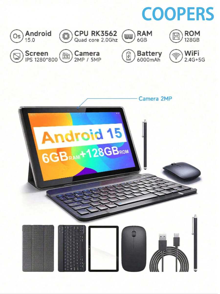 Coopers Tableta Android 15 YQ10S Max de 10 pulgadas, RK3562 de 4 núcleos a 2.0Ghz/6GB RAM 128GB ROM/2.4G+5G WiFi+WiFi 6/BT 5.0/Pantalla FHD IPS/Cámara dual 2MP+5MP/Tipo-C/6000mAh/Admite expansión SD de 1TB/Con teclado, ratón, lápiz óptico, funda protectora, película protectora (sin adaptador) - Negro - Ver 1