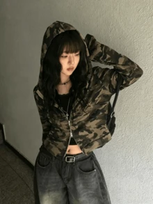 Spring Clothing, Tops, Polka Dot Hoodie, American Military Camouflage Pattern, Cropped, Women's, Double Zipper, Short Length, Oversized, Loose Fit, Slimming Effect, Street Style, Sweet And Edgy, Retro, Casual, Cute For Adults. - 迷彩色 - 查看 2