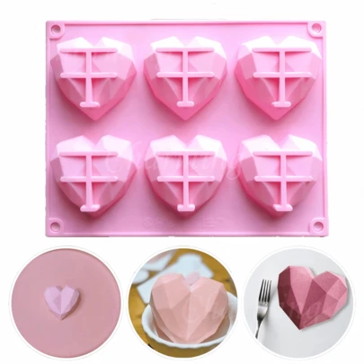 Khuôn silicon 6 ngăn hình trái tim, kim cương, hình chữ nhật 3D để tự làm bánh mousse, cupcake, sô cô la.