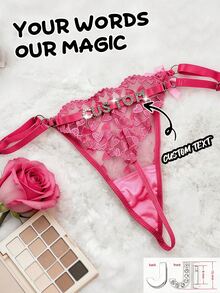 1pc Customized Metal Letter, Customized Name, Embroidered Sexy Lace Low-Waist Adjustable Panty, Sheer Sexy Thong - Pink - View 7