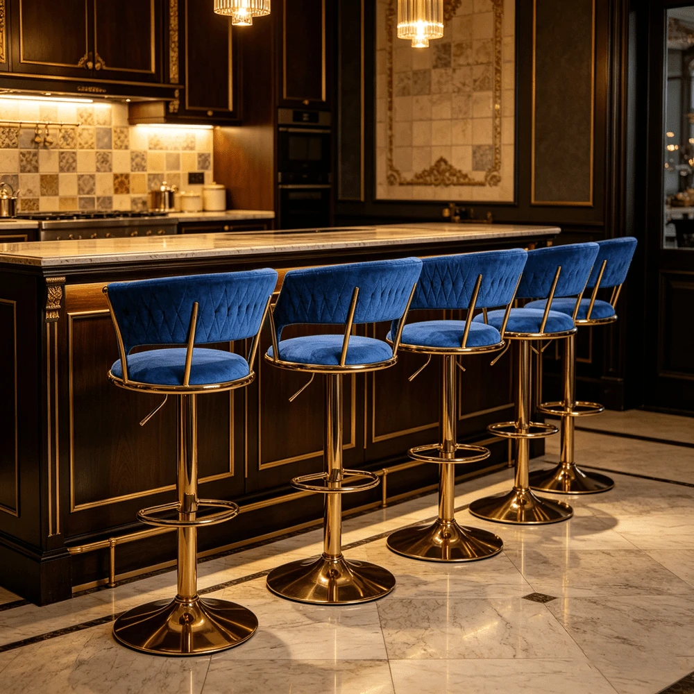 Lot de 6 Tabourets de Bar, Réglables en Hauteur, Surface en Velours, Siège Pivotant à 360°, Chaises de Cuisine Repose-Pieds, Plusieurs couleurs disponibles - Bleu, un ensemble de 6 - Voir 1
