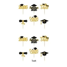 Conjunto de 1 decoração para cupcakes de formatura de 2026, toppers de bolo de formatura em preto e dourado com glitter, enfeites de bolo com chapéu de formatura e diploma de 2026, decoração para festa de formatura do ensino médio/faculdade para homens e mulheres. - Multicolorido - Ver 6