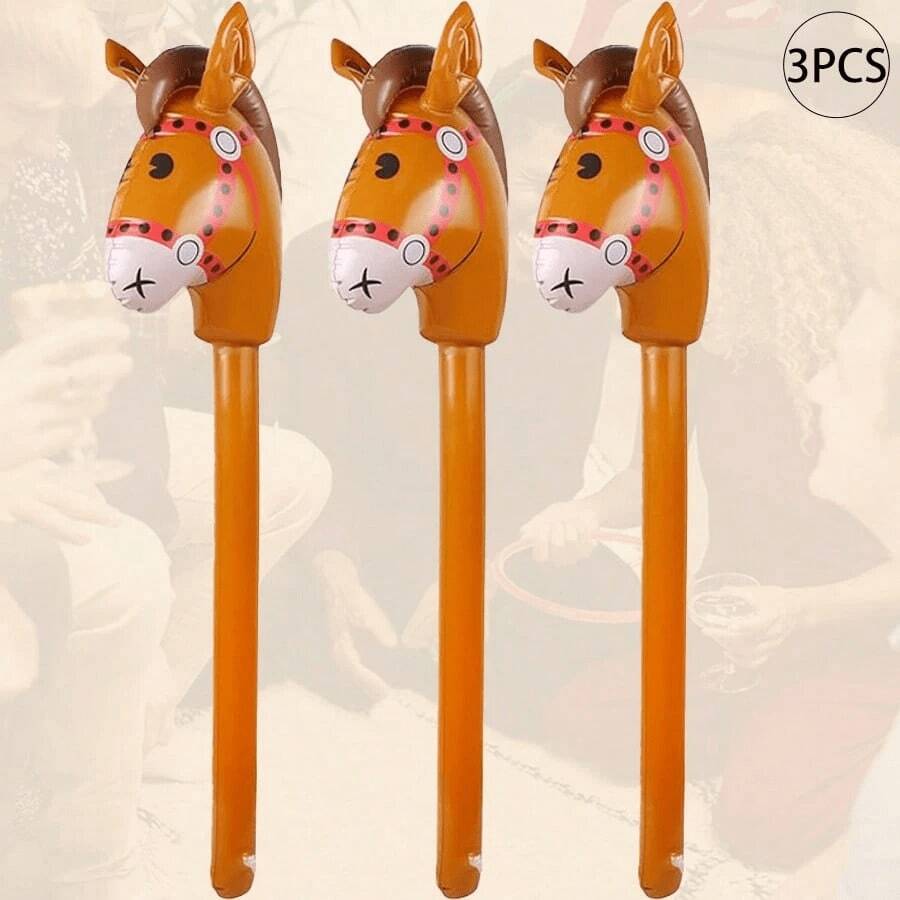 3pcs Expandable Brown Horse Head Sticks, Suitable For Cowboy Themed Birthday Party Decoration, Beach Essentials, Pool Float - Multicolor - View 1