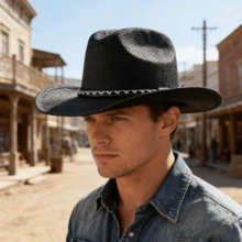 Western Style Cowgirl Hat Stylish Leather Belt Decorated Wide Brimmed Straw Cap For Men Women Outdoor Party - màu đen - Xem 3