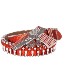 1 pieza Cinturón de estilo callejero estadounidense de mini pistola multicolor con tachuelas y cristales de strass, cinturón de cuero punk hip hop con balas y remaches, adecuado para el estilo "baddie" y Y2K - pistola pequeña - Ver 11