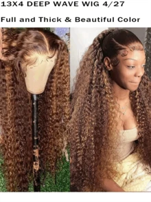 32inch Highlight Ombre Lace Front Wig Human Hair 13x4 Hd Honey Blonde 4/27 Deep Wave Lace Front Wigs Human Hair 250% Density Glueless Wigs Human Hair Pre Plucked - S4/27 - 查看 6