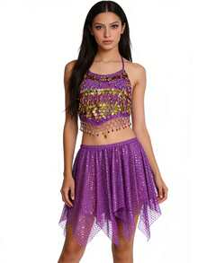 Belly Dance 2 Pieces Costume Set - Coin Embellished Halter Crop Top With Sparkly Asymmetrical Mesh Skirt For Stage Performance & Dance Practice (Available In Multiple Colors) - Multicolor - View 7