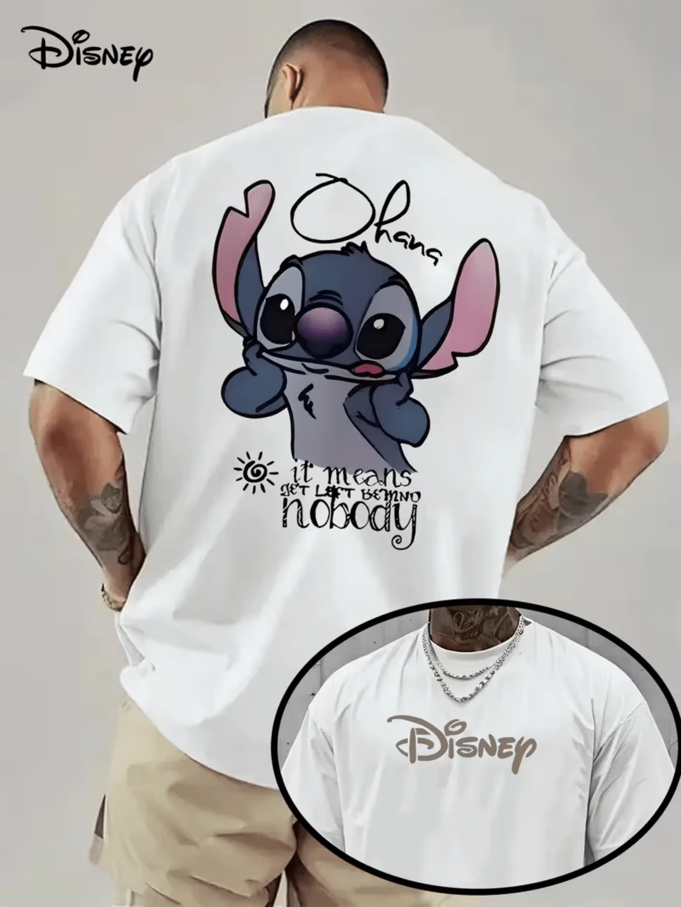 [Disney Licensed]Disney Lilo & Stitch Stitch Ohana It Means Nobody Gets Left Behind Quote Graphic T-Shirt, Men's Casual Short Sleeve Crew Neck Tee, Funny Cartoon Character Streetwear Casual Tops For Summer Daily Wear, Disney Officially Authorized Men's Short-Sleeved T-Shirts, Mens Clothes, Men, Ropa De Hombre, Summer Clothes, Men Shirts, Graphic Tees, Disney Outfits Men, Graphic Tees, Camisetas Para Hombre, Camisas Para Hombre, Summer Outfits For Men, Father's Day Gift, Perfect Gift For Family And Friends, Which Are Necessary For Birthday Parties, Disney Shirts, Mens Clothes, Summer Clothes, Officially Licensed Disney T-Shirts, Disney Men's And Women's Spring/Summer Fashion Casual Short-Sleeve T-Shirts - 白色 - 查看 1