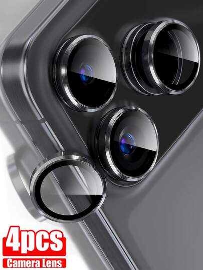 4 stuks cameralensbeschermers voor iPhone 17 Pro Max/17 Pro/16/15/14/13/12/11, 9H gehard glas, krasbestendig, metalen ring, camerabescherming, geschikt voor beschermhoesjes, zwart