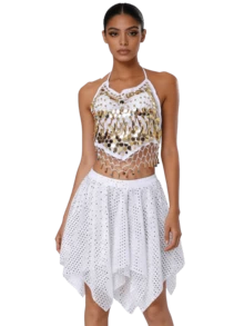 Belly Dance 2 Pieces Costume Set - Coin Embellished Halter Crop Top With Sparkly Asymmetrical Mesh Skirt For Stage Performance & Dance Practice (Available In Multiple Colors) - Multicolor - View 15