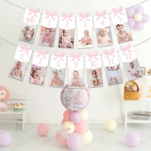 1套女宝宝派对纸质粉色蝴蝶结周岁纪念横幅 0-12个月数字图案 宝宝生日/欢迎宝宝/100天派对悬挂横幅 - 彩色 - 查看 2
