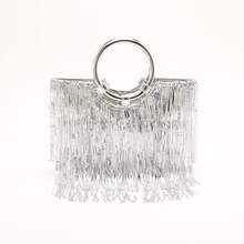 Bolso de mano con flecos plateados estilo Y2K, bolso de mano con flecos de cadena metálica y asa de argolla, embrague de fiesta para mujer - Plateado - Ver 11