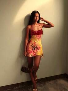 Fashion Printed Bead Splicing Dress Vacation Dress - 紅色 - 查看 3