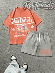 Mens Creative T-Shirt And Shorts Set Vintage Streetwear Style Vonn Dutchh Motorcycle Graphic And Text Metrose Ave So Cal Print Set Ideal For Daily Wear Family Gatherings Summer Trips And Festive Occasions - 橘色 - 查看 1