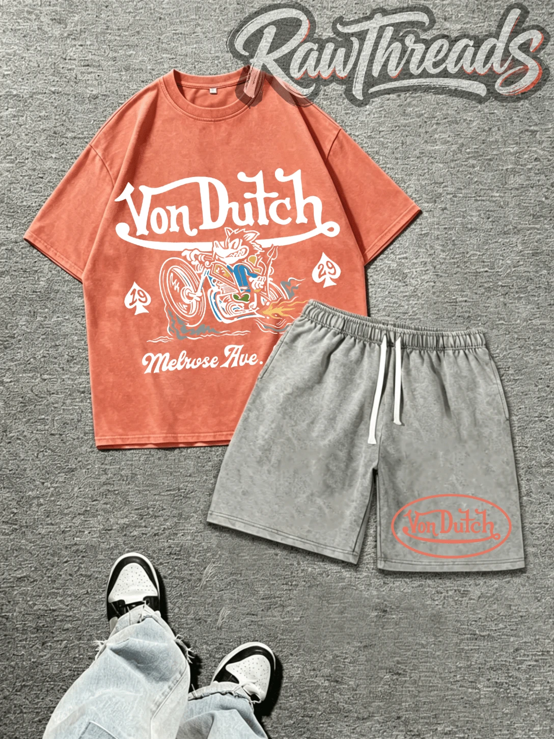 Mens Creative T-Shirt And Shorts Set Vintage Streetwear Style Vonn Dutchh Motorcycle Graphic And Text Metrose Ave So Cal Print Set Ideal For Daily Wear Family Gatherings Summer Trips And Festive Occasions - 橘色 - 查看 1