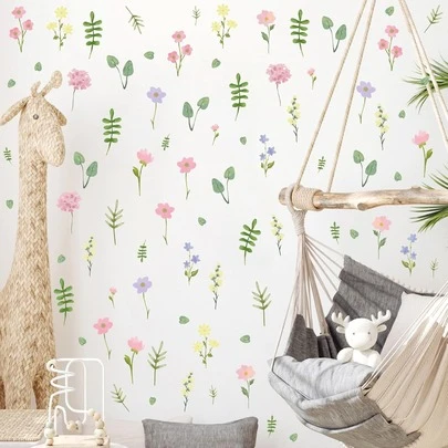 Hình dán tường hoa màu pastel, hình dán tường hoa phong cách Boho có thể tháo rời cho phòng bé gái, tranh dán tường hoa lá màu hồng tím dễ thương cho phòng trẻ sơ sinh, phòng ngủ trẻ em, trang trí mùa xuân hè.