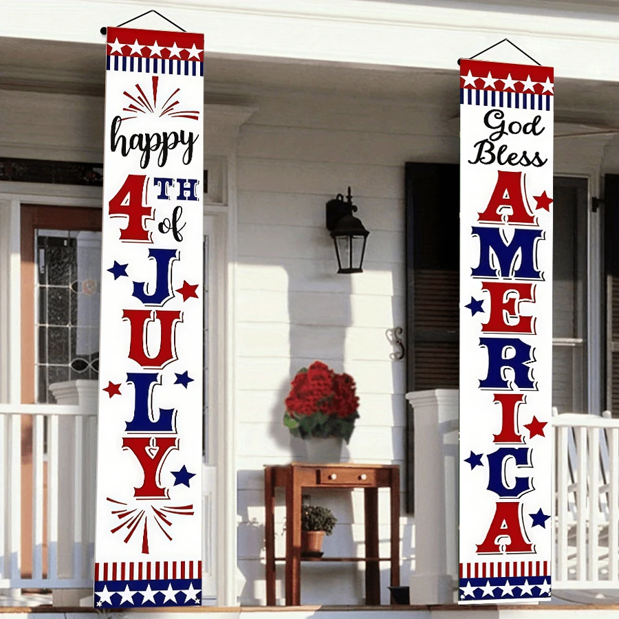 2pcs American Independence Day Theme Banner, Made Of Polyester Material, Suitable For Independence Day Party, Patriotic Theme Gathering, Home Entrance, Front Door, Yard Porch, Indoor And Outdoor Use, Reusable Background Fabric