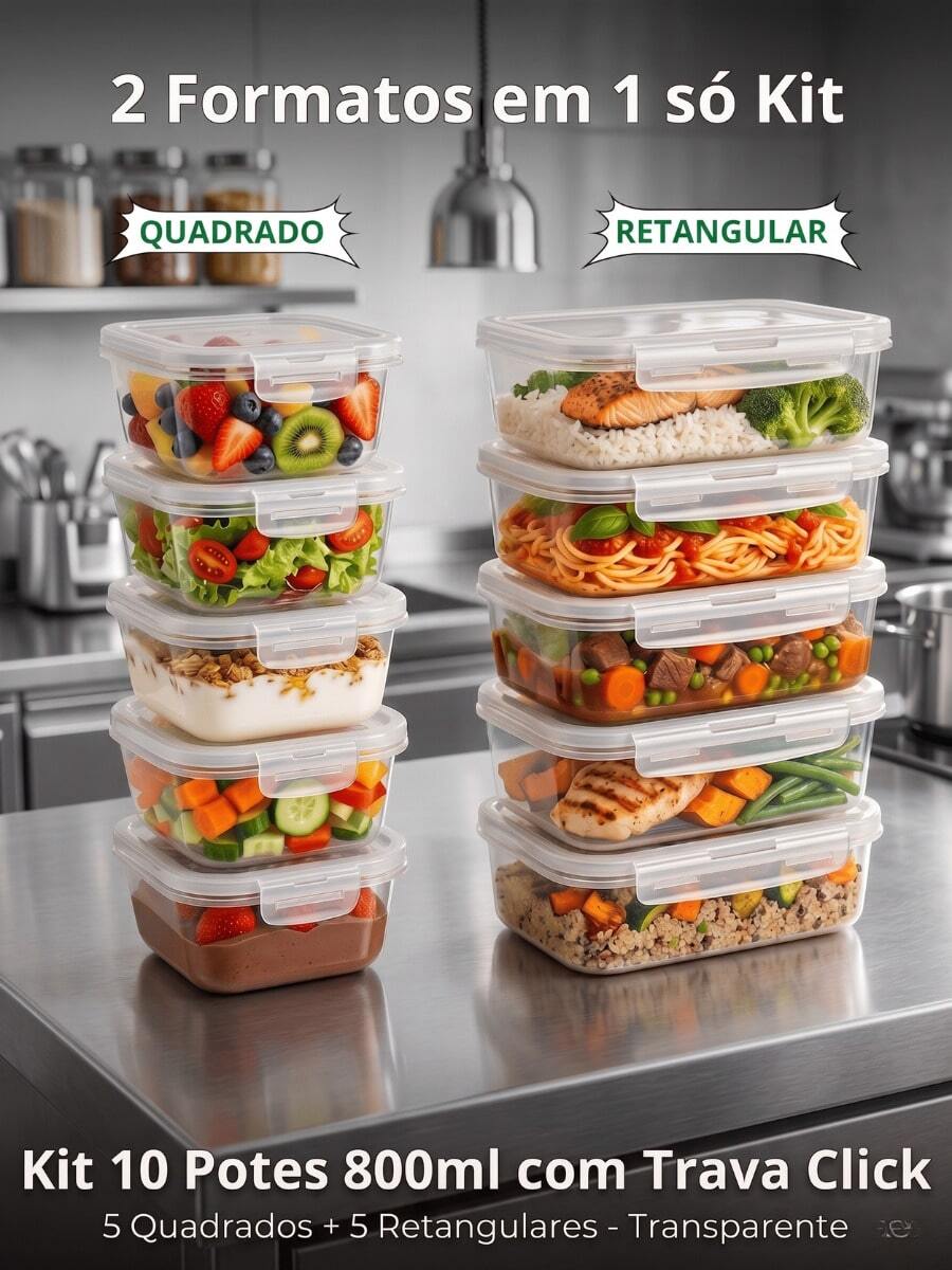 Set Of 10 Airtight Containers 800ml Click (5 Square, 5 Rectangular, Transparent) For Lunch Boxes - 查看 1