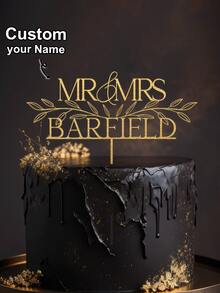 1pc Customized Wedding Cake Topper, Vintage Gold Wedding Cake Decor, Wedding Floral Cake Decor, Mr & Mrs Cake Topper, Personalized Cake Decor, Anniversary Cake Decor, Customized Vintage Wedding Mr & Mrs Cake Topper With Waterproof - F-mr. & Mrs. Wedding Cake Holder Label - View 2