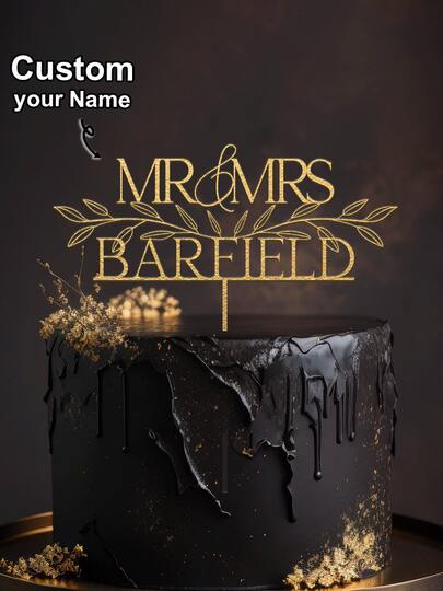1pc Customized Wedding Cake Topper, Rustic Gold Wedding Cake Topper, Floral Cake Topper For Wedding, Mr And Mrs Cake Toppers, Custom Cake Toppers, Anniversary Cake Topper, Personalized Wedding Mr And Mrs Cake Topper Custom Rustic Wedding Bride & Groom Names Cake Topper Decoration Waterproof