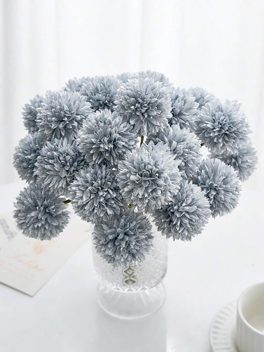 11/21件人造菊花球花银色蒲公英绣球花插花礼物送给朋友新娘婚礼花束装饰家居办公室咖啡厅派对婚礼装饰 - 銀色 - 查看 1