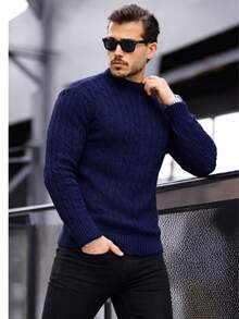 Men's Wool Knit Sweater With Round Neck And Braided Pattern - Autumn/Winter Fashion - Màu xanh hải quân - Xem 6