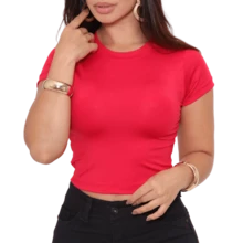 Kit 2 Cropped Basic Suplex Blouse Plain Short Sleeve Various Colors - 1 Brown 1 Red - View 4