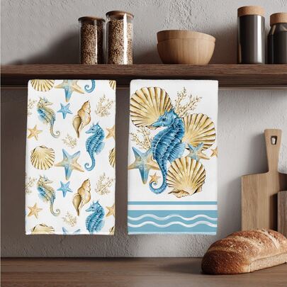 2pcs Summer Minimalist Seashell & Seahorse Pattern Kitchen Towels, Soft Polyester Material Dish Cloths, Suitable For Kitchen Decor, Cleaning, Holiday Party Decoration, Kitchen & Bathroom Essentials, Home Decor, Housewarming Gift