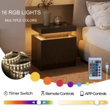 Night Stand Set 2 LED Bedside Table With Wood 2 Drawers Modern End Side Table For Bedroom - Black Gold - View 6