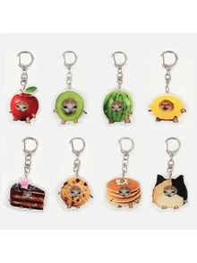 1pc Cute Fruit Face Cat Keychain, Watermelon Cat Expression Keychain, Funny Creative Cute Keychain Bag Charm, Acrylic Transparent Shell Pendant - Keychain - View 2
