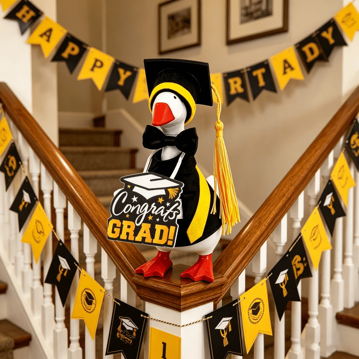 Desktop Goose Graduation Outfit 4-Piece Miniature Gown And Cap Set 7 Inch Goose Costume With Bowtie And Hanging Sign - Black - View 1