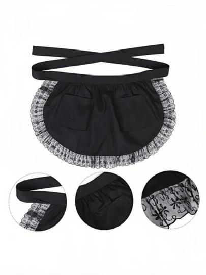 两件套女士围裙，带口袋，复古蕾丝女仆围裙裙，适合烹饪、厨房、服务员等场合，甜美风格