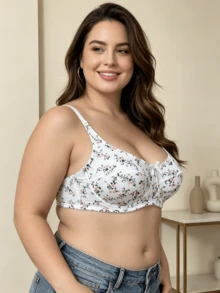 1pc Minimalist Thin Wire Bra With Side Support, Ink Plum Blossom Print, Seamless Plus Size Women Bra - White - View 2