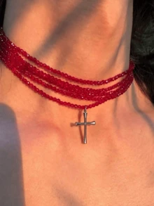 5pcs/Set Sparkling Party Red Beaded Cross Necklace Set (Please Check Size Before Ordering, Necklace Size Is Relatively Small) - Red - View 1